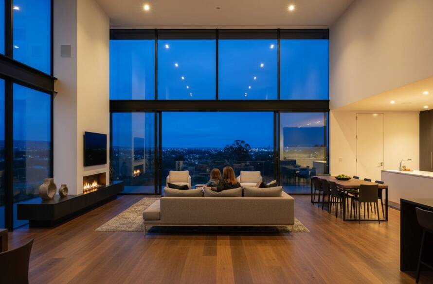 A wide-angle, epic moment photograph of a modern St Albans home interior at twilight, with warm lights glowing and a family silhouette enjoying the living space, expertly demonstrating St Albans real estate photography boosting property value.