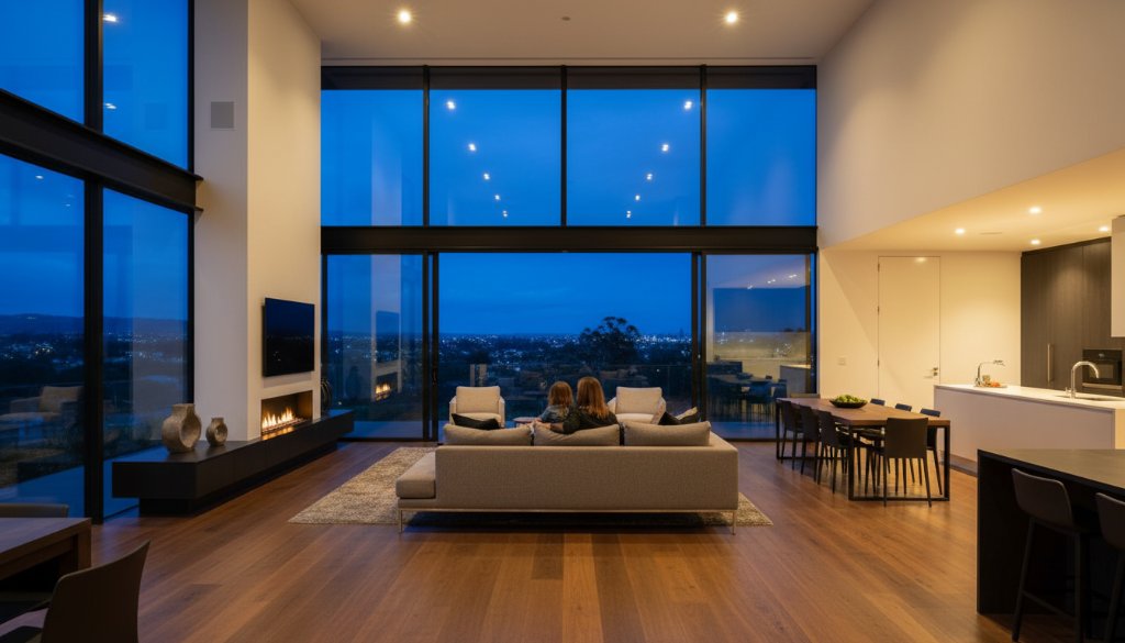A wide-angle, epic moment photograph of a modern St Albans home interior at twilight, with warm lights glowing and a family silhouette enjoying the living space, expertly demonstrating St Albans real estate photography boosting property value.