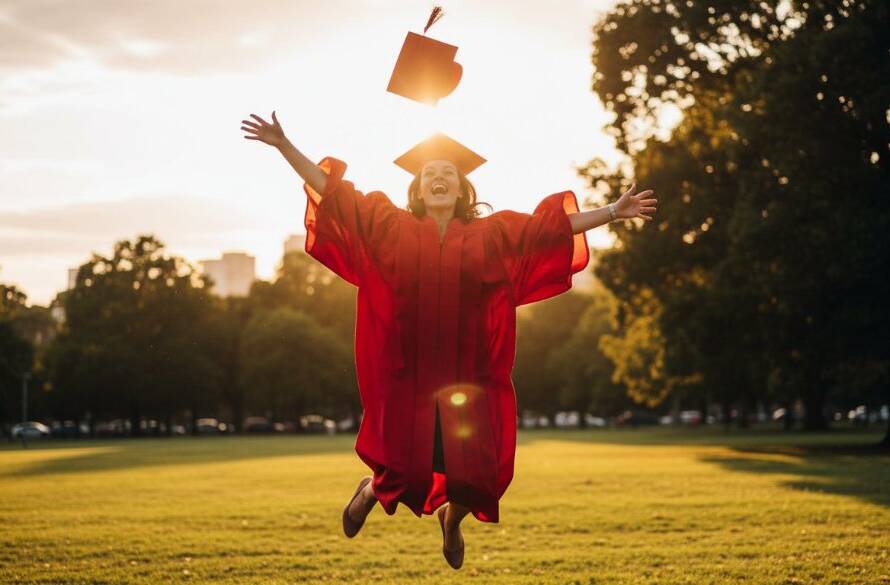 A proud graduate in St Albans, Victoria, tossing their cap high against a vibrant sunset, perfectly encapsulating the joy of St Albans Victoria Graduation Photography Capturing Memories with a dynamic, professionally lit shot.