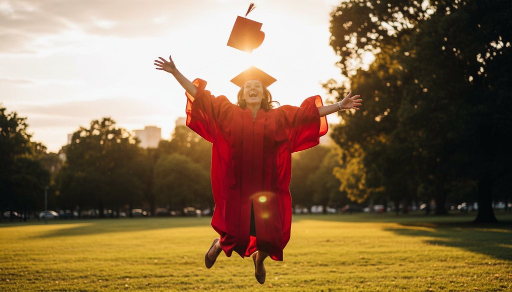 A proud graduate in St Albans, Victoria, tossing their cap high against a vibrant sunset, perfectly encapsulating the joy of St Albans Victoria Graduation Photography Capturing Memories with a dynamic, professionally lit shot.