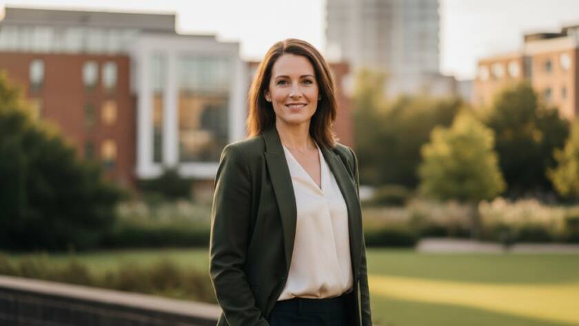 A dynamic and confident professional, captured in an epic moment of focus and determination against a subtly blurred St Albans urban backdrop, showcasing St Albans Victoria professional headshots for career advancement with dramatic, flattering lighting.