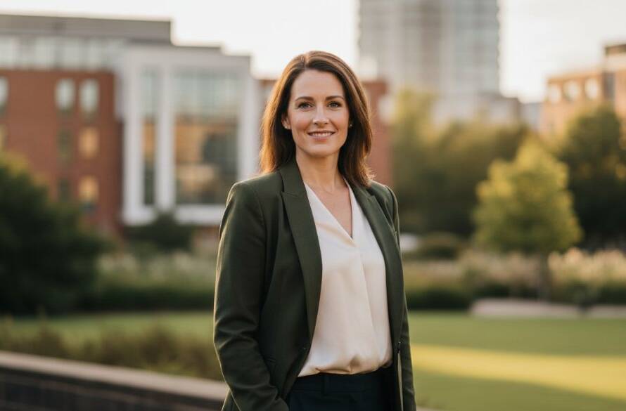 A dynamic and confident professional, captured in an epic moment of focus and determination against a subtly blurred St Albans urban backdrop, showcasing St Albans Victoria professional headshots for career advancement with dramatic, flattering lighting.