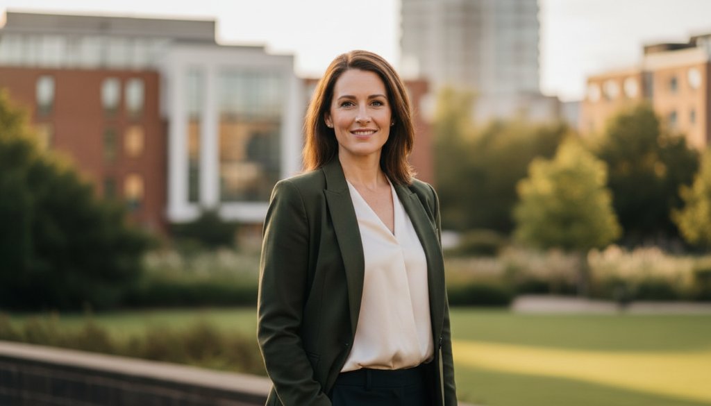 A dynamic and confident professional, captured in an epic moment of focus and determination against a subtly blurred St Albans urban backdrop, showcasing St Albans Victoria professional headshots for career advancement with dramatic, flattering lighting.