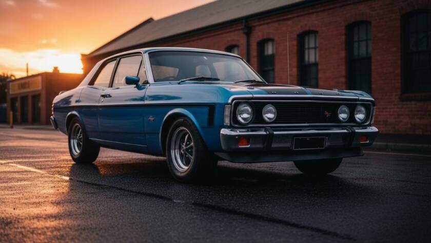 Dramatic shot of a gleaming vintage Australian muscle car, expertly captured with St Albans vintage car photography Victoria, parked under a dramatic sunset sky near a historic building in St Albans, Victoria, showcasing its powerful lines and pristine condition.