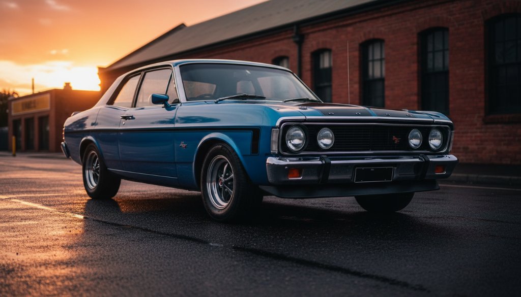 Dramatic shot of a gleaming vintage Australian muscle car, expertly captured with St Albans vintage car photography Victoria, parked under a dramatic sunset sky near a historic building in St Albans, Victoria, showcasing its powerful lines and pristine condition.