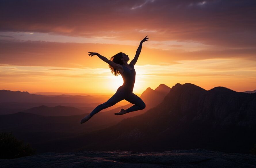 Stawell dance photography for epic moments: A dancer in mid-air, silhouetted against a golden hour sky over the Grampians, showcasing an epic jump with incredible grace and power.
