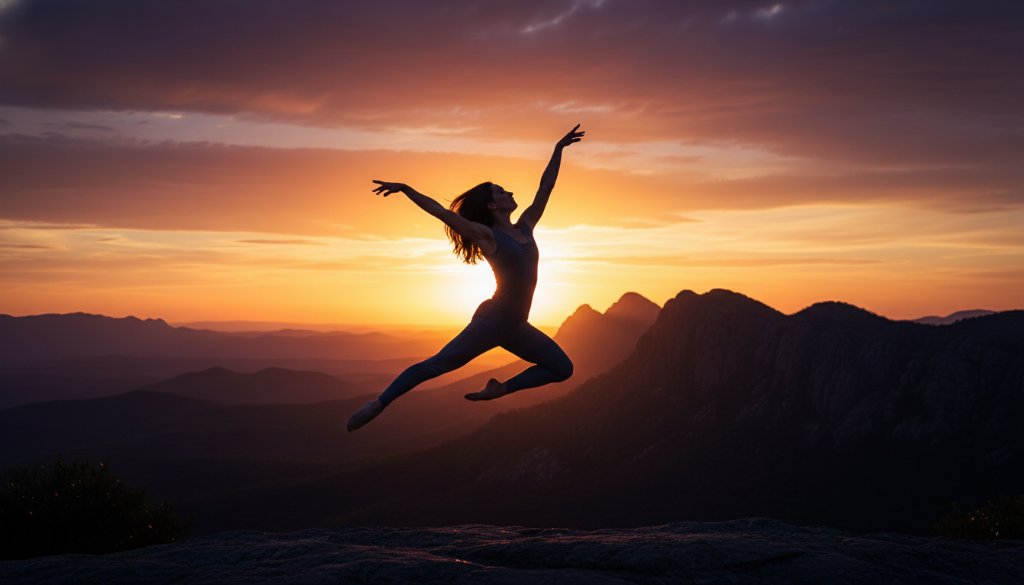 Stawell dance photography for epic moments: A dancer in mid-air, silhouetted against a golden hour sky over the Grampians, showcasing an epic jump with incredible grace and power.