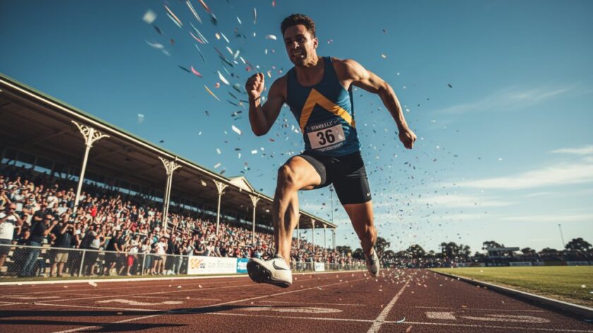 A breathtaking, dramatic close-up of a sprinter crossing the finish line at the Stawell Gift, capturing the raw emotion and peak action of Stawell Gift photography action shots Victoria, with confetti in the air and a blur of speed in the background, expertly lit.