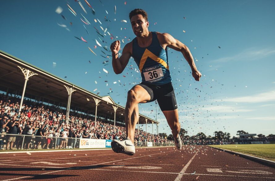 A breathtaking, dramatic close-up of a sprinter crossing the finish line at the Stawell Gift, capturing the raw emotion and peak action of Stawell Gift photography action shots Victoria, with confetti in the air and a blur of speed in the background, expertly lit.