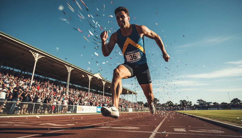 A breathtaking, dramatic close-up of a sprinter crossing the finish line at the Stawell Gift, capturing the raw emotion and peak action of Stawell Gift photography action shots Victoria, with confetti in the air and a blur of speed in the background, expertly lit.
