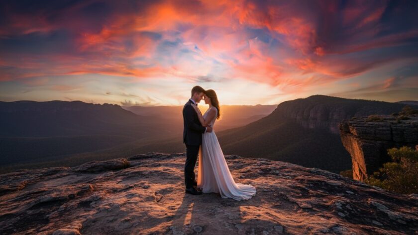 An epic moment captured during a 'Stawell Grampians pre-wedding shoot inspiration', featuring a couple embracing dramatically against the backdrop of majestic sandstone cliffs and a vibrant sunset, professionally colour-graded.