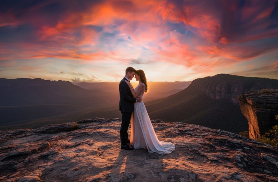 An epic moment captured during a 'Stawell Grampians pre-wedding shoot inspiration', featuring a couple embracing dramatically against the backdrop of majestic sandstone cliffs and a vibrant sunset, professionally colour-graded.