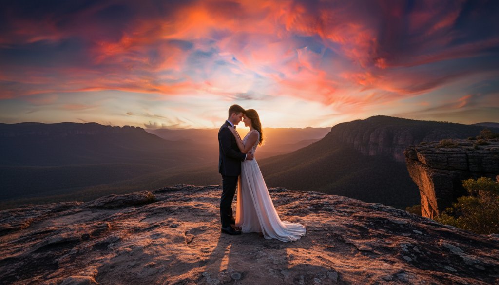 An epic moment captured during a 'Stawell Grampians pre-wedding shoot inspiration', featuring a couple embracing dramatically against the backdrop of majestic sandstone cliffs and a vibrant sunset, professionally colour-graded.