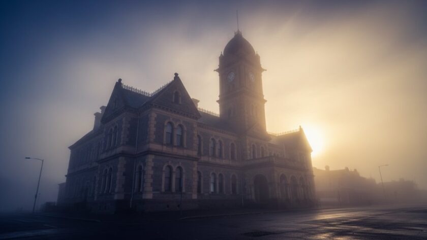 A dramatic, professionally colour-graded photograph showcasing the Stawell heritage architecture photography expertise, featuring the majestic facade of the Stawell Town Hall at dawn, illuminated by golden morning light, with a wide-angle lens capturing its intricate details and imposing presence against a misty, deep blue sky. The composition emphasizes the building's historical grandeur and fine craftsmanship, highlighting textures and shadows.