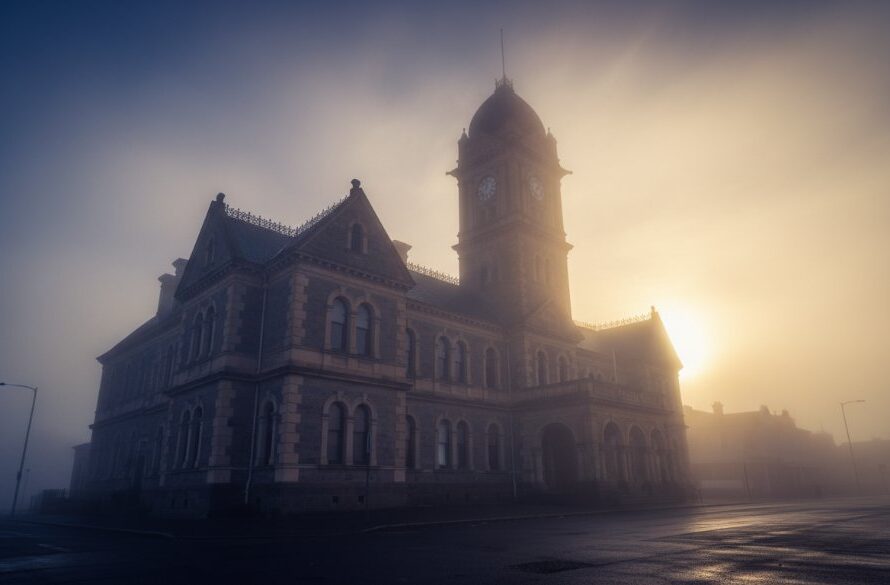 A dramatic, professionally colour-graded photograph showcasing the Stawell heritage architecture photography expertise, featuring the majestic facade of the Stawell Town Hall at dawn, illuminated by golden morning light, with a wide-angle lens capturing its intricate details and imposing presence against a misty, deep blue sky. The composition emphasizes the building's historical grandeur and fine craftsmanship, highlighting textures and shadows.