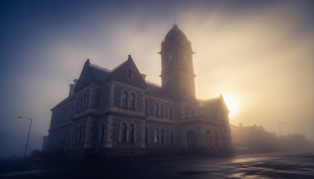 A dramatic, professionally colour-graded photograph showcasing the Stawell heritage architecture photography expertise, featuring the majestic facade of the Stawell Town Hall at dawn, illuminated by golden morning light, with a wide-angle lens capturing its intricate details and imposing presence against a misty, deep blue sky. The composition emphasizes the building's historical grandeur and fine craftsmanship, highlighting textures and shadows.