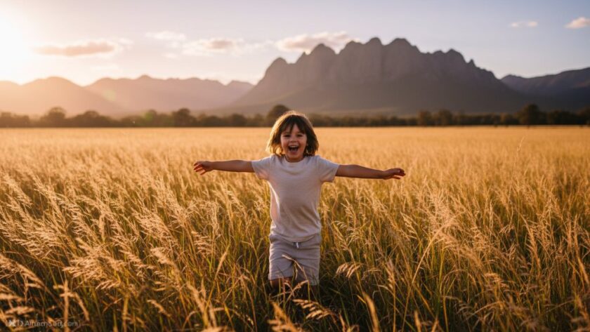 A joyous child, mid-leap with arms outstretched, laughing heartily in a sun-dappled golden field with the majestic Grampians in the background, perfectly illustrating Stawell Kids Photography capturing natural Grampians joy.