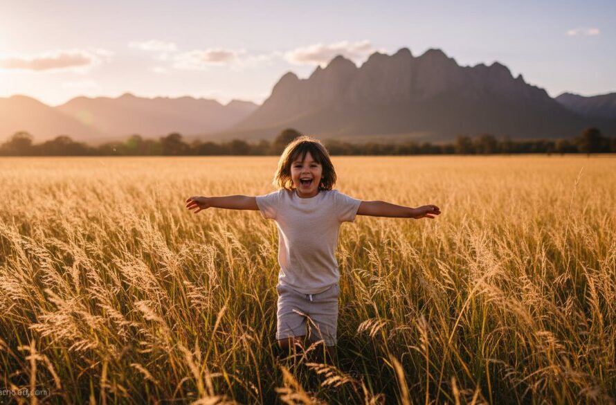 A joyous child, mid-leap with arms outstretched, laughing heartily in a sun-dappled golden field with the majestic Grampians in the background, perfectly illustrating Stawell Kids Photography capturing natural Grampians joy.
