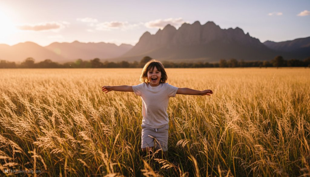 A joyous child, mid-leap with arms outstretched, laughing heartily in a sun-dappled golden field with the majestic Grampians in the background, perfectly illustrating Stawell Kids Photography capturing natural Grampians joy.