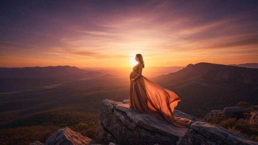 A pregnant woman in a flowing gown, silhouetted against a dramatic Stawell maternity photoshoot Grampians sunset glow, capturing an epic moment of serene anticipation with vibrant orange and purple hues across the sky.