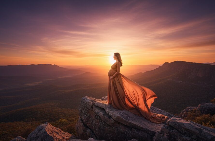 A pregnant woman in a flowing gown, silhouetted against a dramatic Stawell maternity photoshoot Grampians sunset glow, capturing an epic moment of serene anticipation with vibrant orange and purple hues across the sky.