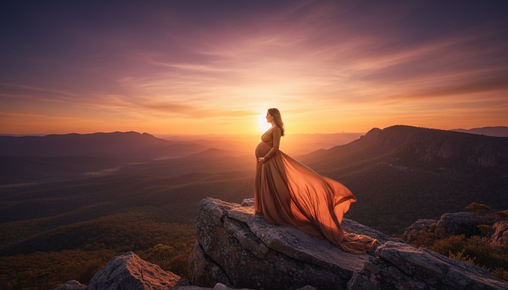 A pregnant woman in a flowing gown, silhouetted against a dramatic Stawell maternity photoshoot Grampians sunset glow, capturing an epic moment of serene anticipation with vibrant orange and purple hues across the sky.