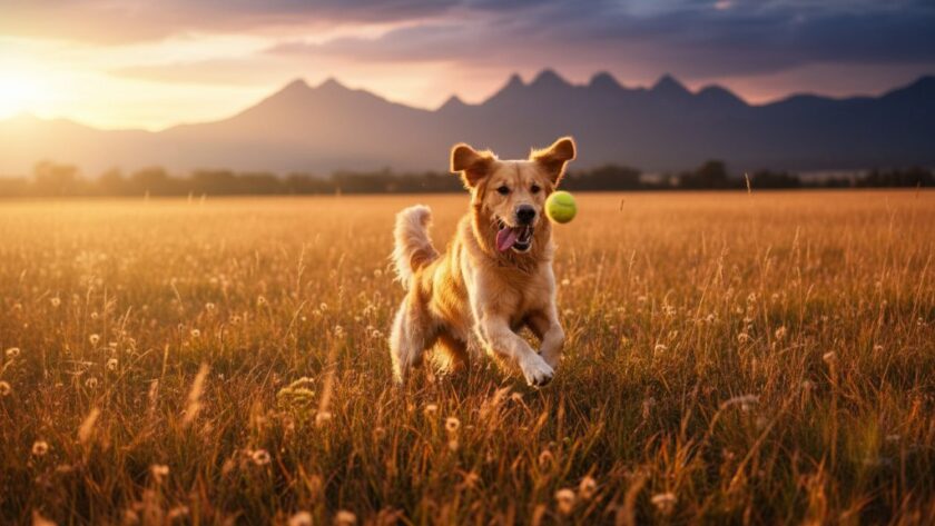A golden retriever joyfully leaping through a sun-drenched field near the Grampians, perfectly capturing Stawell pet photography capturing happy moments with dramatic backlighting and a wide-angle lens.