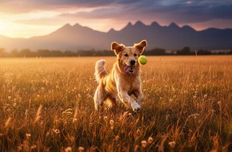 A golden retriever joyfully leaping through a sun-drenched field near the Grampians, perfectly capturing Stawell pet photography capturing happy moments with dramatic backlighting and a wide-angle lens.