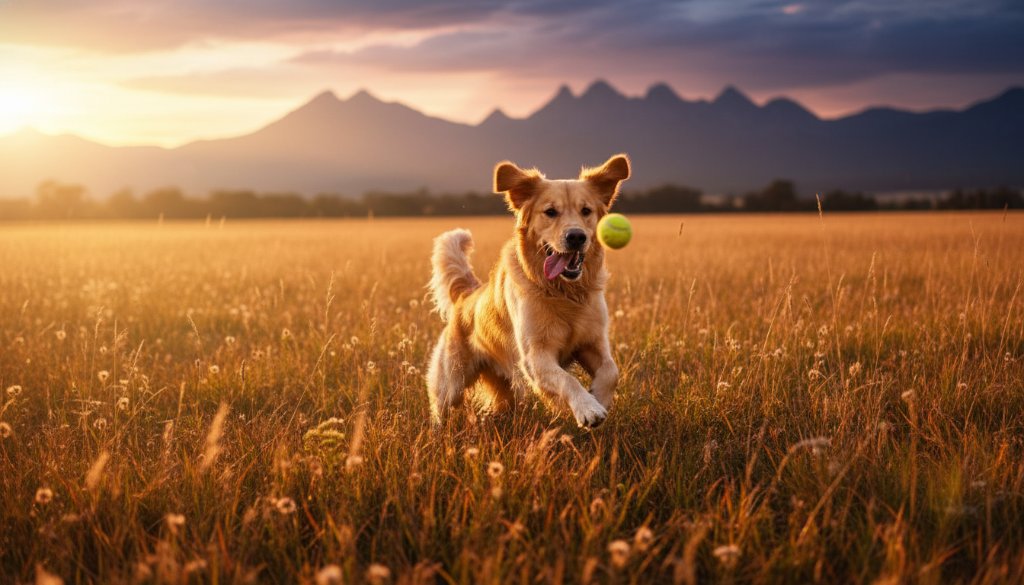A golden retriever joyfully leaping through a sun-drenched field near the Grampians, perfectly capturing Stawell pet photography capturing happy moments with dramatic backlighting and a wide-angle lens.