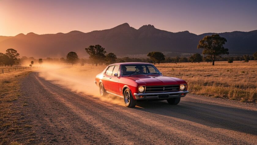 An epic wide shot of a gleaming, perfectly restored vintage Holden Monaro driving at sunset on a winding rural road near the Grampians, bathed in golden light, showcasing expert Stawell rural classic car photography.