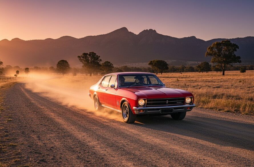 An epic wide shot of a gleaming, perfectly restored vintage Holden Monaro driving at sunset on a winding rural road near the Grampians, bathed in golden light, showcasing expert Stawell rural classic car photography.