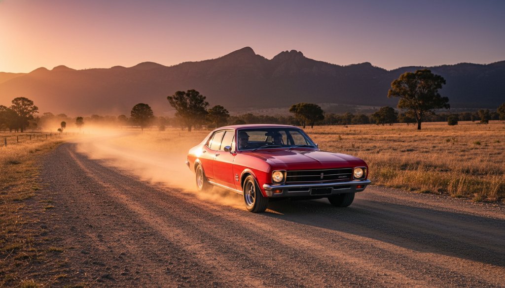 An epic wide shot of a gleaming, perfectly restored vintage Holden Monaro driving at sunset on a winding rural road near the Grampians, bathed in golden light, showcasing expert Stawell rural classic car photography.