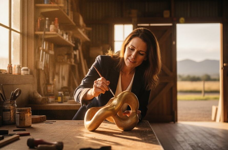 An inspiring overhead shot showcasing a local artisan in Stawell, Victoria, passionately crafting pottery, bathed in warm, natural sunlight, embodying Stawell small business authentic branding photography, capturing dedication and skill.