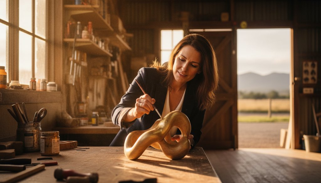 An inspiring overhead shot showcasing a local artisan in Stawell, Victoria, passionately crafting pottery, bathed in warm, natural sunlight, embodying Stawell small business authentic branding photography, capturing dedication and skill.