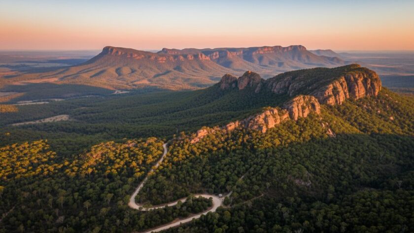 A breathtaking aerial view of Stawell, Victoria, capturing the majestic Grampians in the background during golden hour, showcasing the unparalleled beauty achievable with Stawell Victoria aerial photography services for unforgettable perspectives.