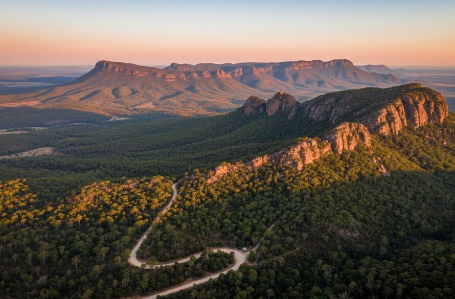 A breathtaking aerial view of Stawell, Victoria, capturing the majestic Grampians in the background during golden hour, showcasing the unparalleled beauty achievable with Stawell Victoria aerial photography services for unforgettable perspectives.