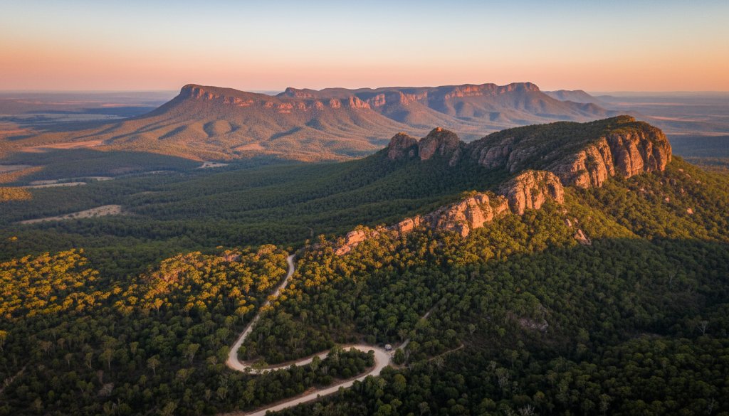 A breathtaking aerial view of Stawell, Victoria, capturing the majestic Grampians in the background during golden hour, showcasing the unparalleled beauty achievable with Stawell Victoria aerial photography services for unforgettable perspectives.
