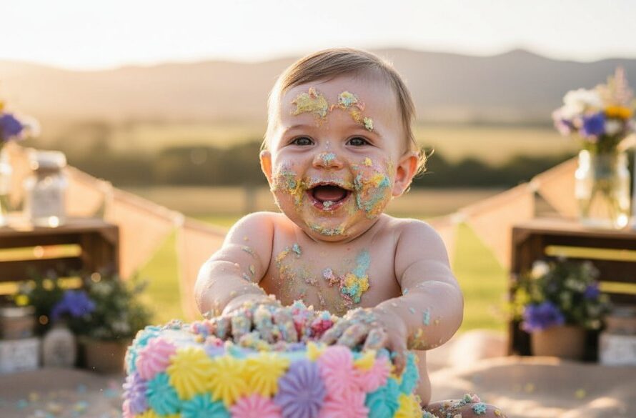 An epic moment of a baby joyfully smashing a birthday cake in a beautifully decorated outdoor setting near the Grampians in Stawell Victoria, captured with professional, dramatic lighting and vibrant colours, celebrating their first birthday with Stawell Victoria cake smash photography memorable first birthday.