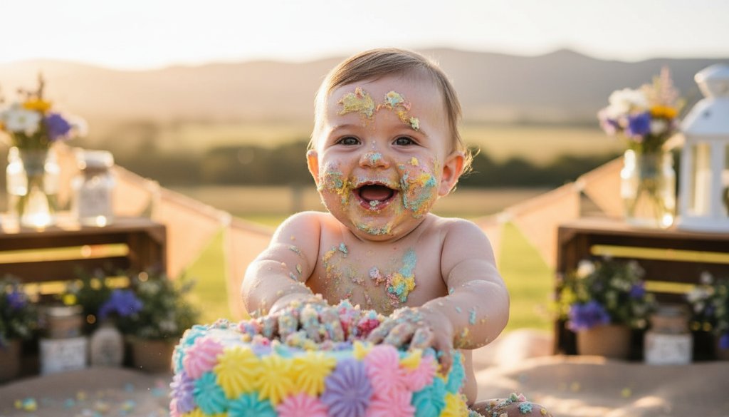An epic moment of a baby joyfully smashing a birthday cake in a beautifully decorated outdoor setting near the Grampians in Stawell Victoria, captured with professional, dramatic lighting and vibrant colours, celebrating their first birthday with Stawell Victoria cake smash photography memorable first birthday.
