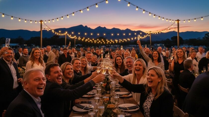 A wide-angle, cinematic photograph showing genuine joy at a vibrant outdoor Stawell Victoria event photography capturing genuine joy, with guests laughing heartily under string lights as the sun sets over the distant Grampians peaks.