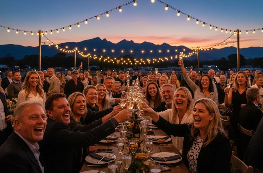 A wide-angle, cinematic photograph showing genuine joy at a vibrant outdoor Stawell Victoria event photography capturing genuine joy, with guests laughing heartily under string lights as the sun sets over the distant Grampians peaks.
