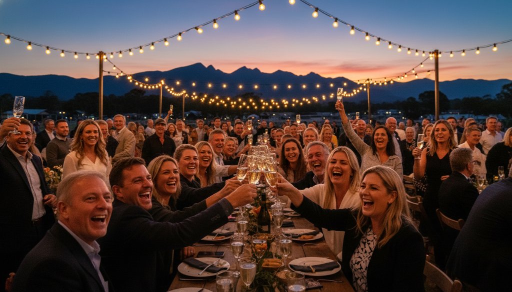 A wide-angle, cinematic photograph showing genuine joy at a vibrant outdoor Stawell Victoria event photography capturing genuine joy, with guests laughing heartily under string lights as the sun sets over the distant Grampians peaks.