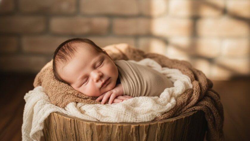 A heartwarming, professional photograph of a serene newborn baby wrapped in soft cream fabric, gently held in a parent's arms against a softly blurred, golden-hour backdrop hinting at the natural beauty of the Grampians near Stawell Victoria, showcasing gentle newborn photography.