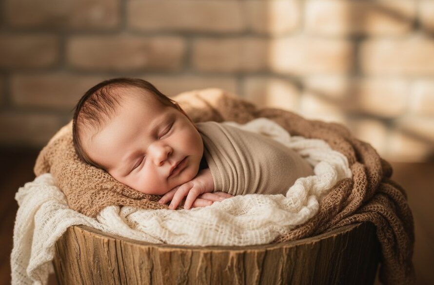 A heartwarming, professional photograph of a serene newborn baby wrapped in soft cream fabric, gently held in a parent's arms against a softly blurred, golden-hour backdrop hinting at the natural beauty of the Grampians near Stawell Victoria, showcasing gentle newborn photography.