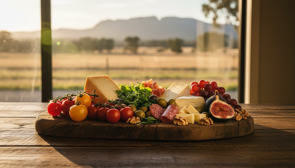 A dramatically lit, close-up shot of a gourmet dish featuring vibrant Stawell Victoria local produce, artfully arranged on a rustic wooden table within a charming Stawell cafe, capturing the fresh ingredients and inviting textures with professional food photography.