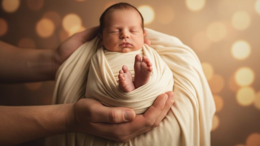 An intimate, professionally lit, 'epic moment' photograph showcasing a parent's hands gently cradling a sleeping newborn, captured during a Stawell Victoria newborn studio photography session, with soft, warm light highlighting their tender connection and tiny details.