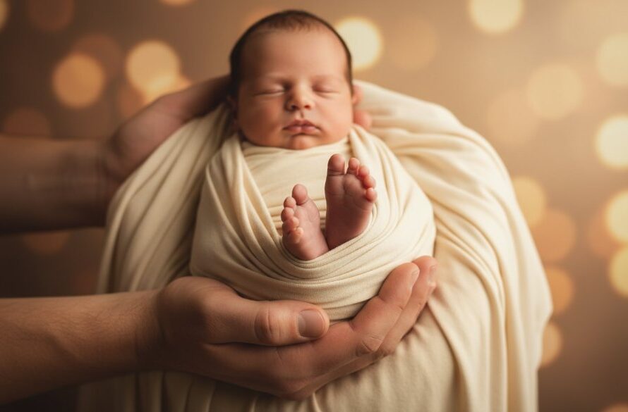 An intimate, professionally lit, 'epic moment' photograph showcasing a parent's hands gently cradling a sleeping newborn, captured during a Stawell Victoria newborn studio photography session, with soft, warm light highlighting their tender connection and tiny details.