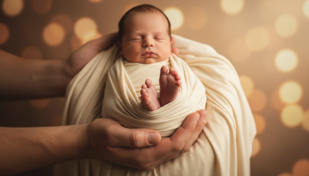 An intimate, professionally lit, 'epic moment' photograph showcasing a parent's hands gently cradling a sleeping newborn, captured during a Stawell Victoria newborn studio photography session, with soft, warm light highlighting their tender connection and tiny details.