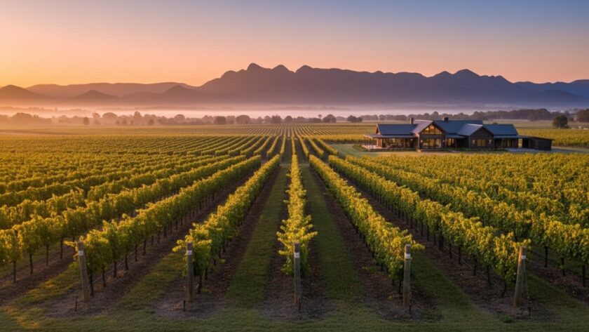 Dramatic wide-angle shot showcasing a luxurious vineyard property in Stawell, Victoria at sunrise, with golden light illuminating rows of grapevines and a grand homestead. This epic moment of Stawell Victoria real estate photography for vineyard properties captures the serene beauty and expansive potential, highlighting the property's unique appeal with professional, colour-graded cinematic lighting.