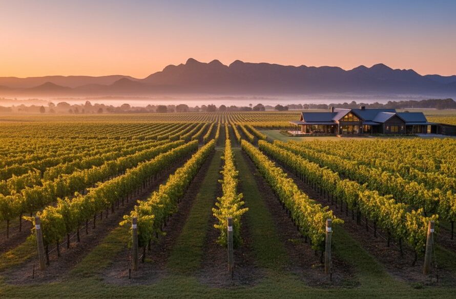 Dramatic wide-angle shot showcasing a luxurious vineyard property in Stawell, Victoria at sunrise, with golden light illuminating rows of grapevines and a grand homestead. This epic moment of Stawell Victoria real estate photography for vineyard properties captures the serene beauty and expansive potential, highlighting the property's unique appeal with professional, colour-graded cinematic lighting.